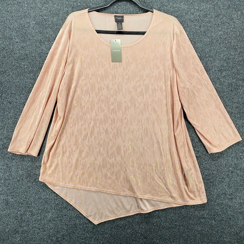 Travelers Chicos Blouse Top 3 Womens XL Tunic Pink Slinky Foil Print Lagenlook